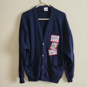 Vintage DISNEY Christmas Holiday Navy Blue Cardigan Sweater V-Neck Pockets